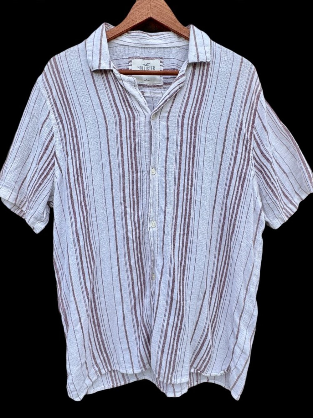 Hollister Button Up Shirt Mens Large White Burgundy Stripe Cotton Linen Blend